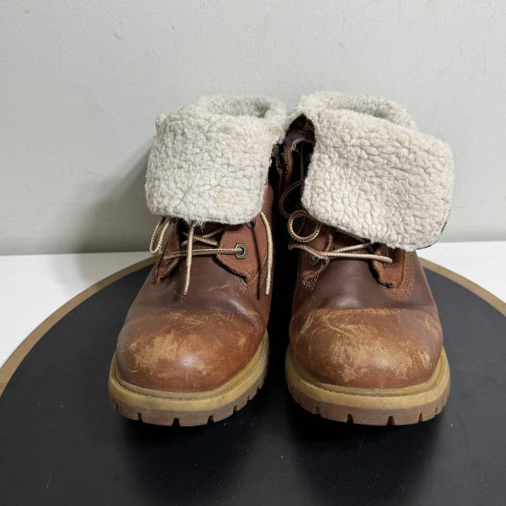 Timberland Boots Men Size 5 Brown Leather Shearling Lined Fold‎ Down Grunge